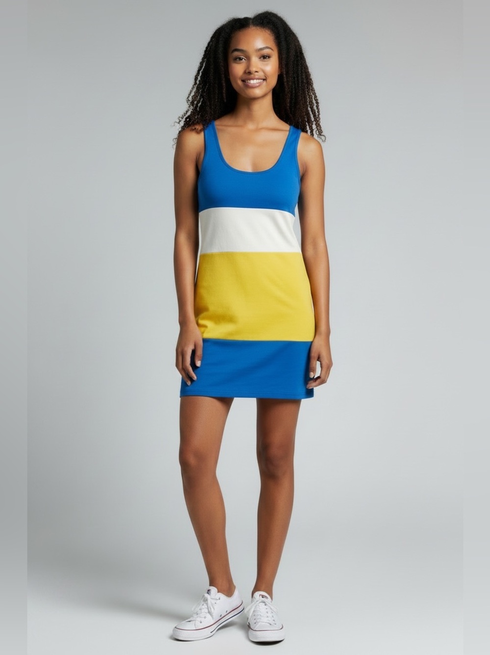 NWT! Stylish Colorblock Mini Dress - Blue, Yellow, White. Junior size medium